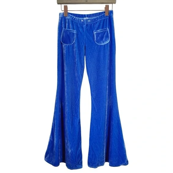 Y2K Groovy Blue Velvet Bell Bottoms - Picture 2 of 7